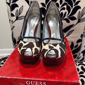 Guess Black and Brown Animal Print Peep Toe Heels